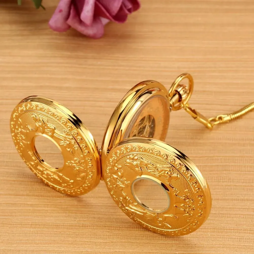 Pocket Watch Retro Copper Pocket oasis Watches with Chain&Box Tiong Antique Classic Men Mechanical 