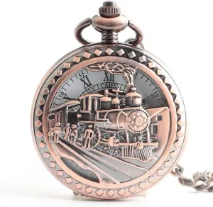 Pocket Watch Skeleton certainty England arrival Mechanical Hollow Bronze Case 3D Steam Train Railroad Roman Numerals Pocket Watch,Antique Mens 