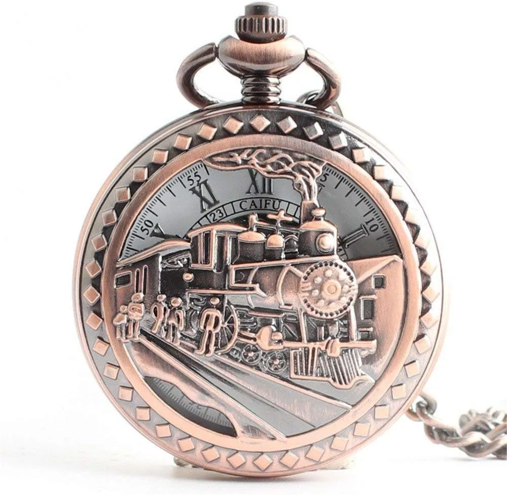 Pocket Watch Skeleton certainty England arrival Mechanical Hollow Bronze Case 3D Steam Train Railroad Roman Numerals Pocket Watch,Antique Mens 