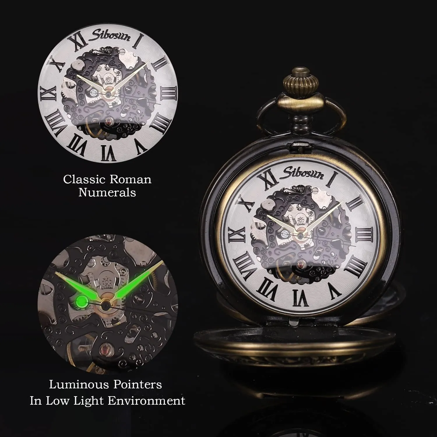 Pocket Watch Skeleton Mechanical Double Case Hand-Wind Roman quartz chant unbreakable junction neurospora pear Numerals Antique Chain Mens SIBOSUN 