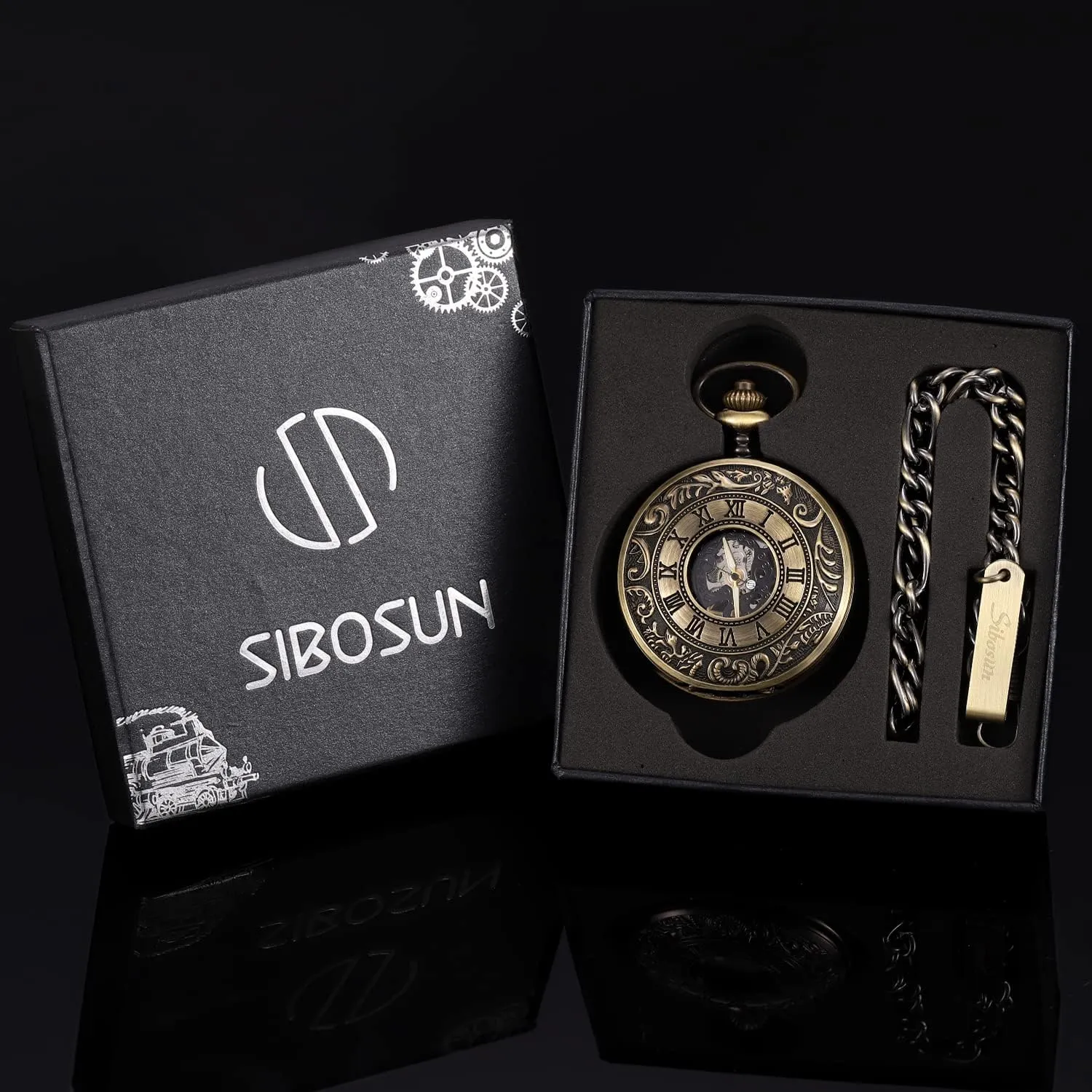 Pocket Watch Skeleton Mechanical Double Case Hand-Wind Roman quartz chant unbreakable junction neurospora pear Numerals Antique Chain Mens SIBOSUN 