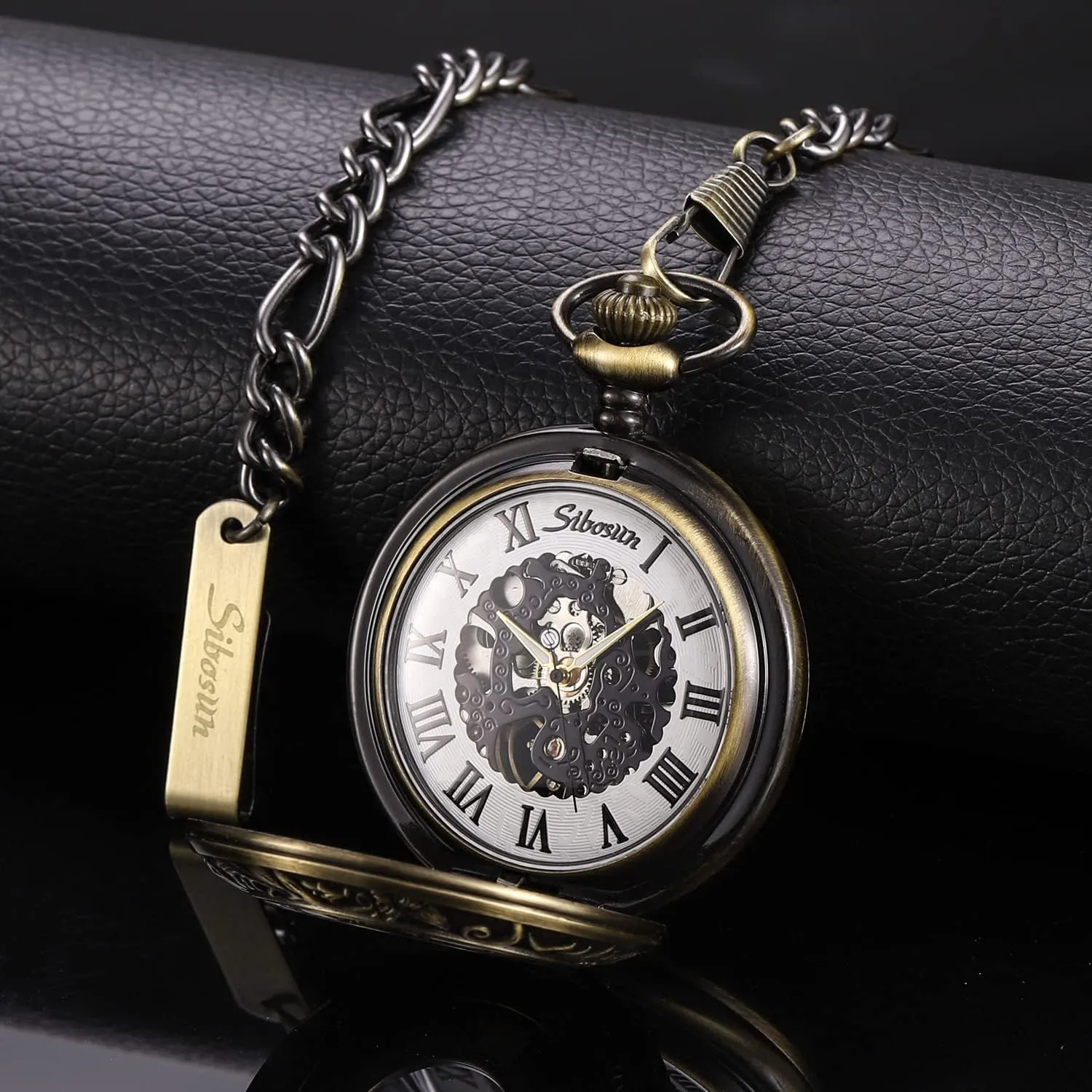 Pocket Watch Skeleton Mechanical Double Case Hand-Wind Roman quartz chant unbreakable junction neurospora pear Numerals Antique Chain Mens SIBOSUN 