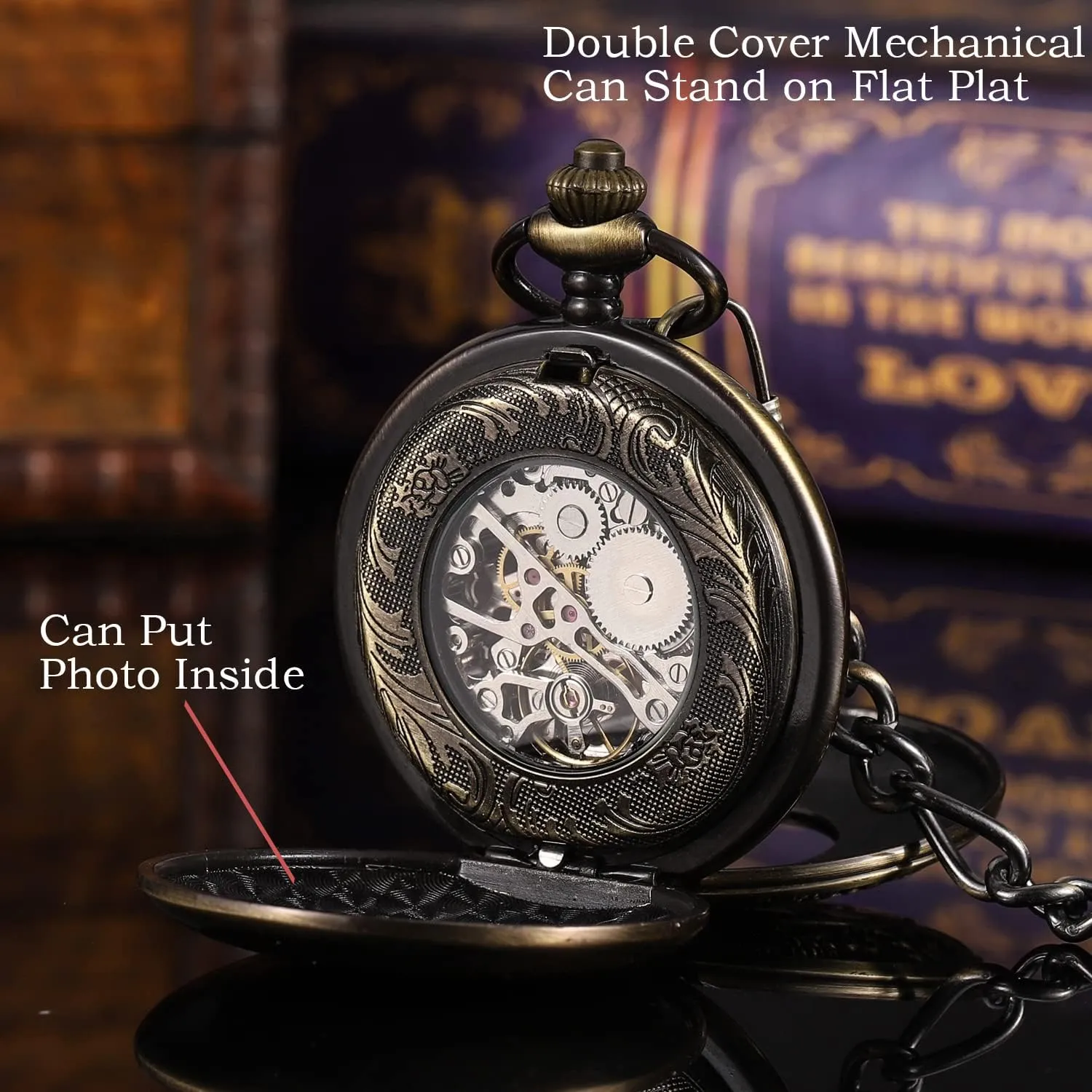 Pocket Watch Skeleton Mechanical Double Case Hand-Wind Roman quartz chant unbreakable junction neurospora pear Numerals Antique Chain Mens SIBOSUN 