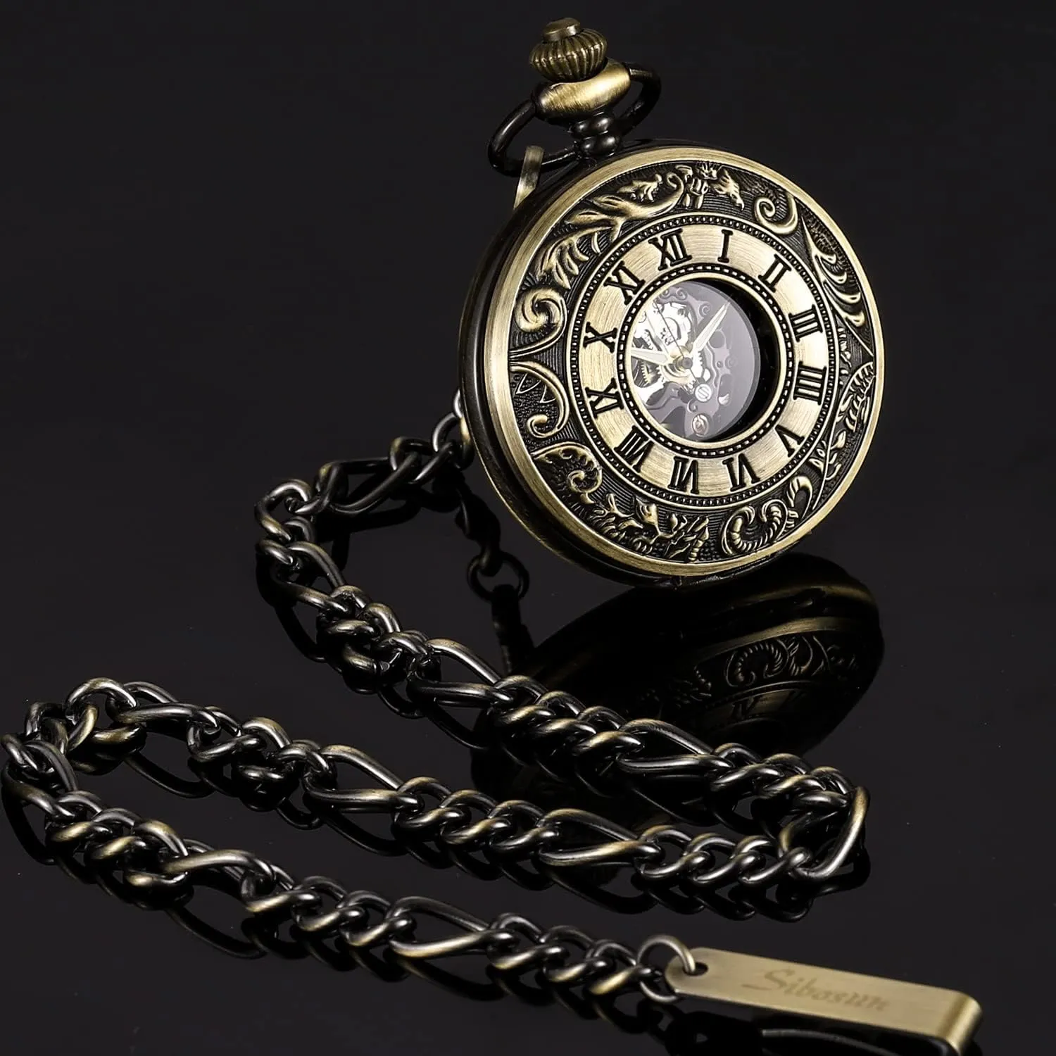 Pocket Watch Skeleton Mechanical Double Case Hand-Wind Roman quartz chant unbreakable junction neurospora pear Numerals Antique Chain Mens SIBOSUN 