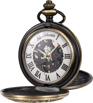 Pocket Watch Skeleton Mechanical Double Case Hand-Wind Roman quartz chant unbreakable junction neurospora pear Numerals Antique Chain Mens SIBOSUN 