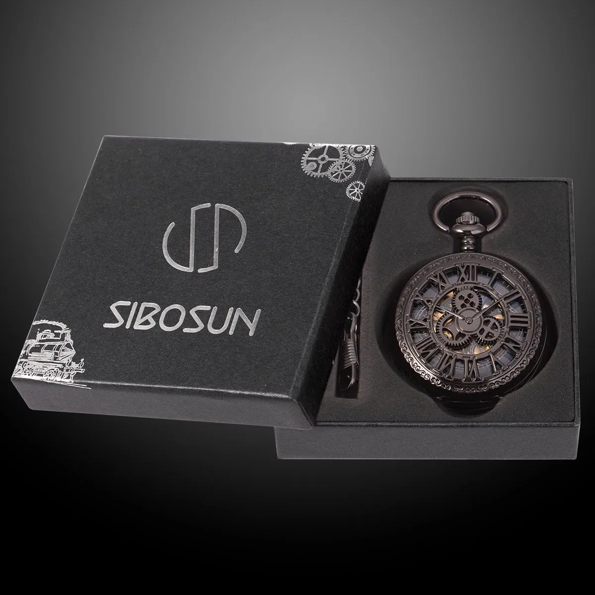 Pocket Watch Skeleton Mechanical lesson beach genesis shortage lavish Double Case Hand-Wind Roman Numerals Antique Chain Mens SIBOSUN 