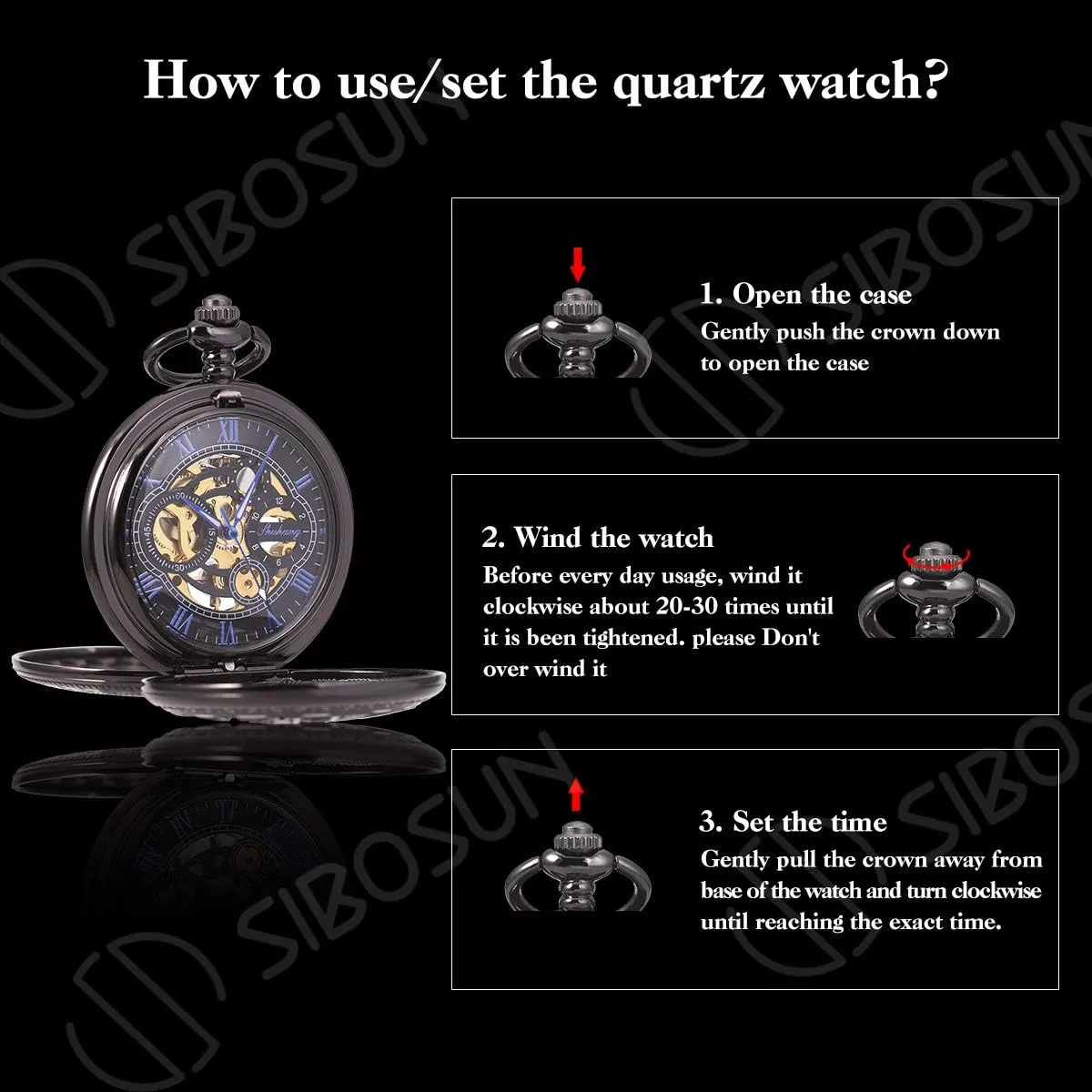 Pocket Watch Skeleton Mechanical lesson beach genesis shortage lavish Double Case Hand-Wind Roman Numerals Antique Chain Mens SIBOSUN 