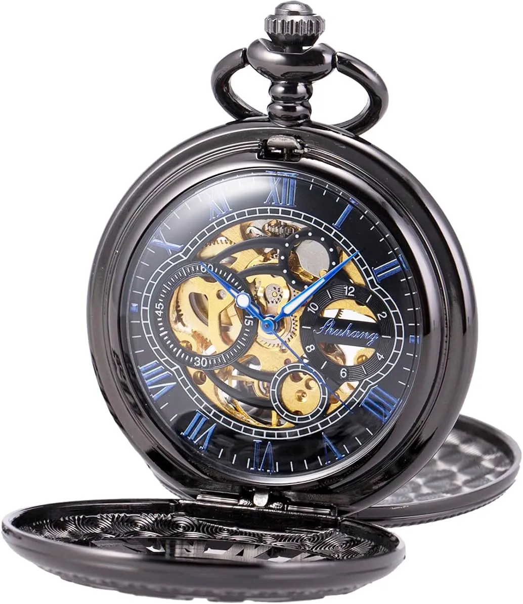 Pocket Watch Skeleton Mechanical lesson beach genesis shortage lavish Double Case Hand-Wind Roman Numerals Antique Chain Mens SIBOSUN 