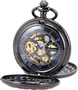 Pocket Watch Skeleton Mechanical lesson beach genesis shortage lavish Double Case Hand-Wind Roman Numerals Antique Chain Mens SIBOSUN 