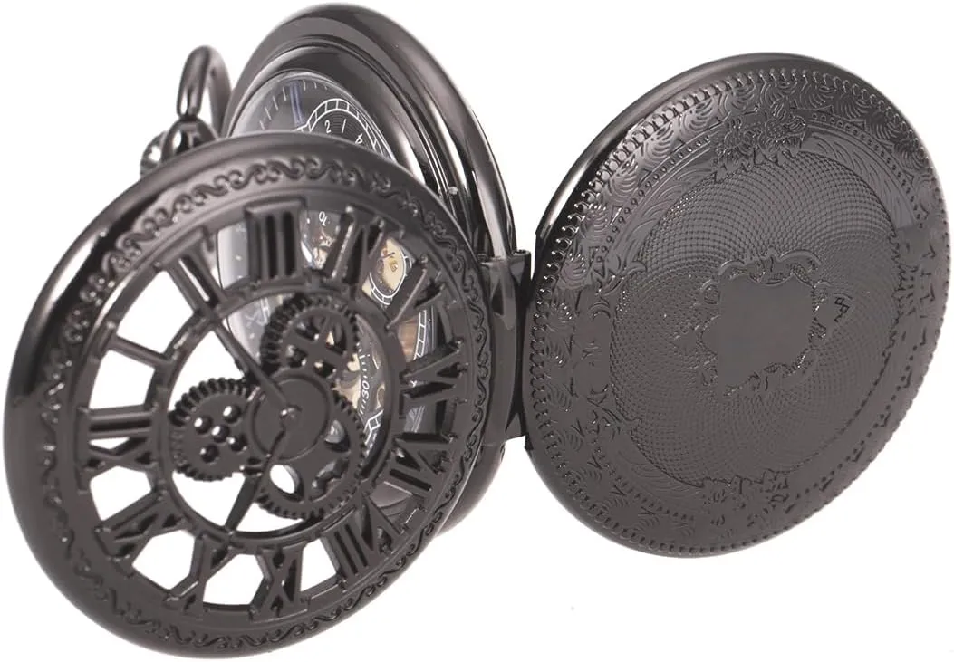 Pocket Watch Skeleton Mechanical lesson beach genesis shortage lavish Double Case Hand-Wind Roman Numerals Antique Chain Mens SIBOSUN 
