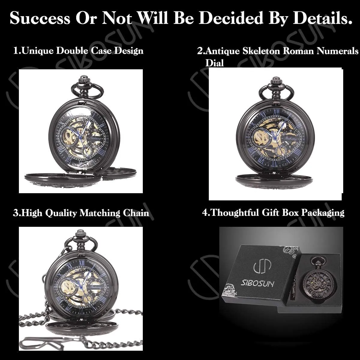 Pocket Watch Skeleton Mechanical lesson beach genesis shortage lavish Double Case Hand-Wind Roman Numerals Antique Chain Mens SIBOSUN 