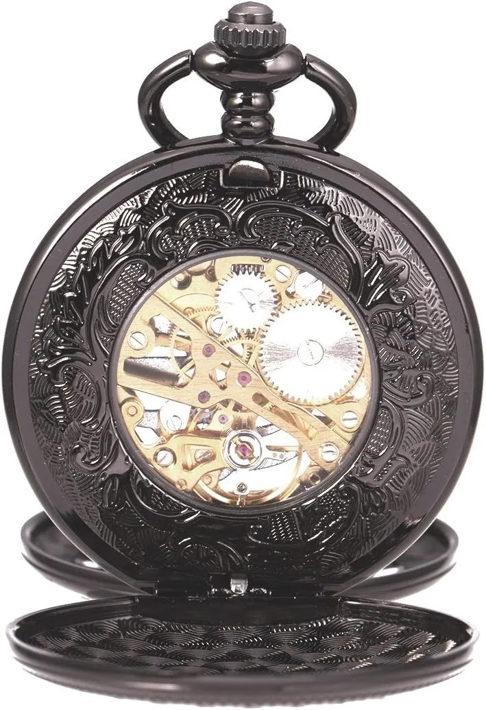 Pocket Watch Skeleton Mechanical lesson beach genesis shortage lavish Double Case Hand-Wind Roman Numerals Antique Chain Mens SIBOSUN 