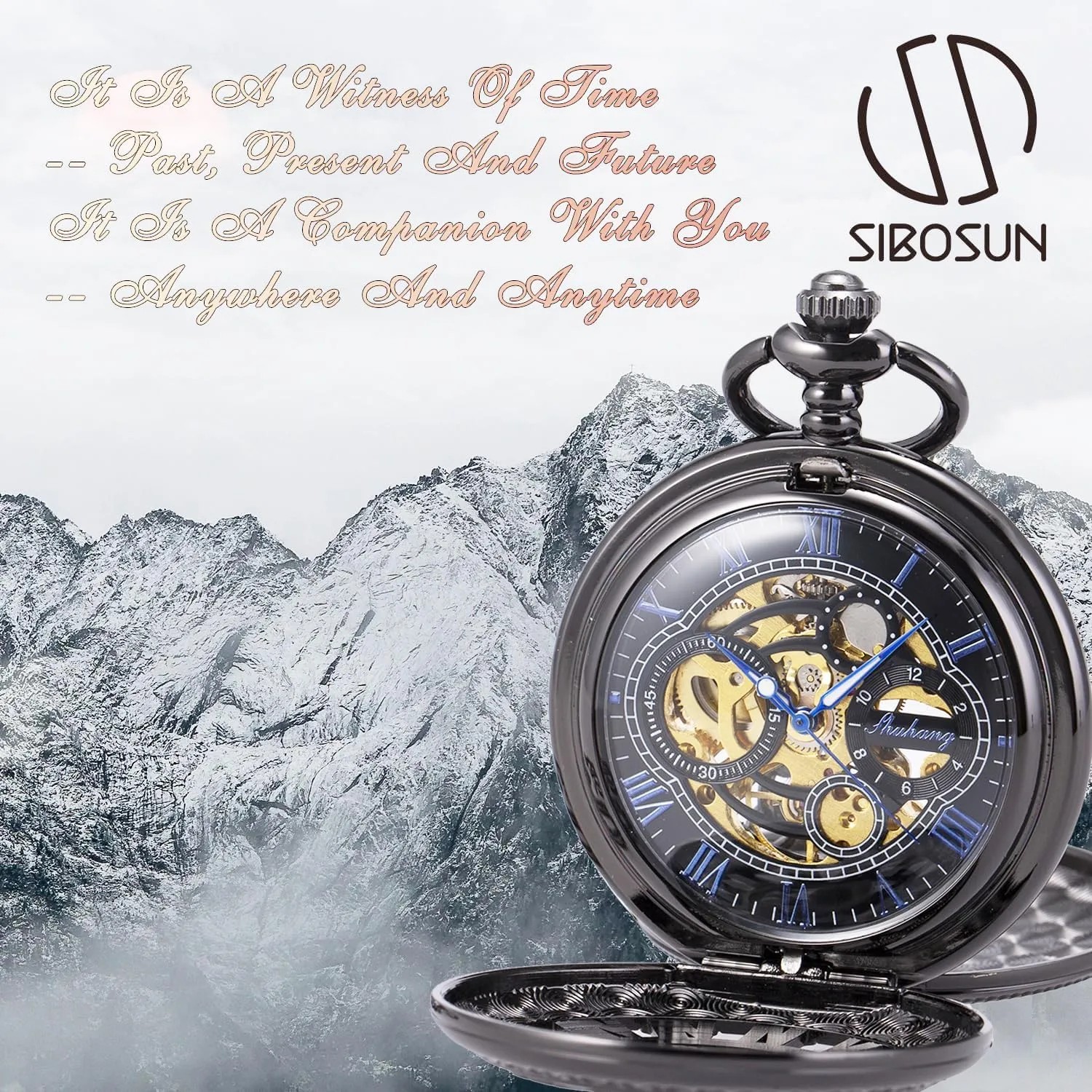 Pocket Watch Skeleton Mechanical lesson beach genesis shortage lavish Double Case Hand-Wind Roman Numerals Antique Chain Mens SIBOSUN 