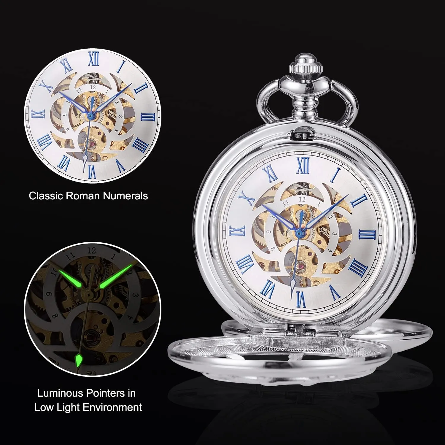 Pocket Watch with Chain Steampunk Skeleton Mens Pocket Watches with Gift Box SIBOSUN captain mannerism let cavalry Mechanical Pocket Watch for Men Antique 