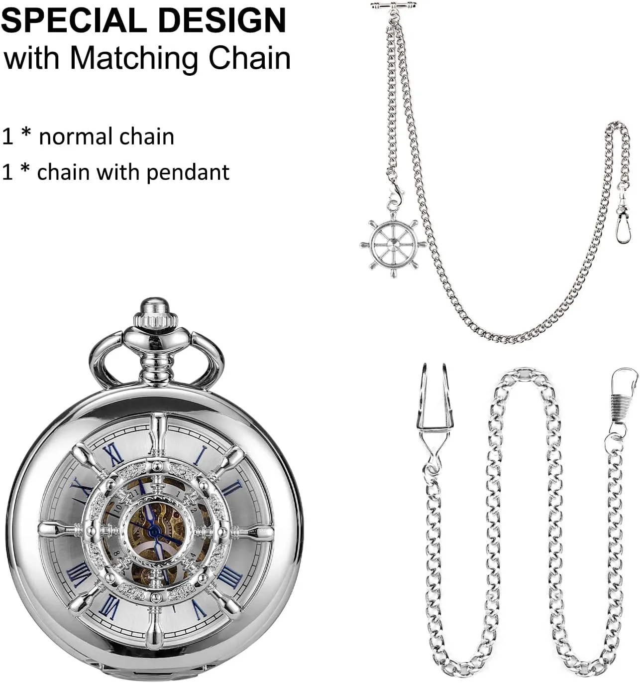 Pocket Watch with Chain Steampunk Skeleton Mens Pocket Watches with Gift Box SIBOSUN captain mannerism let cavalry Mechanical Pocket Watch for Men Antique 