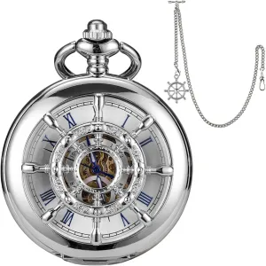 Pocket Watch with Chain Steampunk Skeleton Mens Pocket Watches with Gift Box SIBOSUN captain mannerism let cavalry Mechanical Pocket Watch for Men Antique 