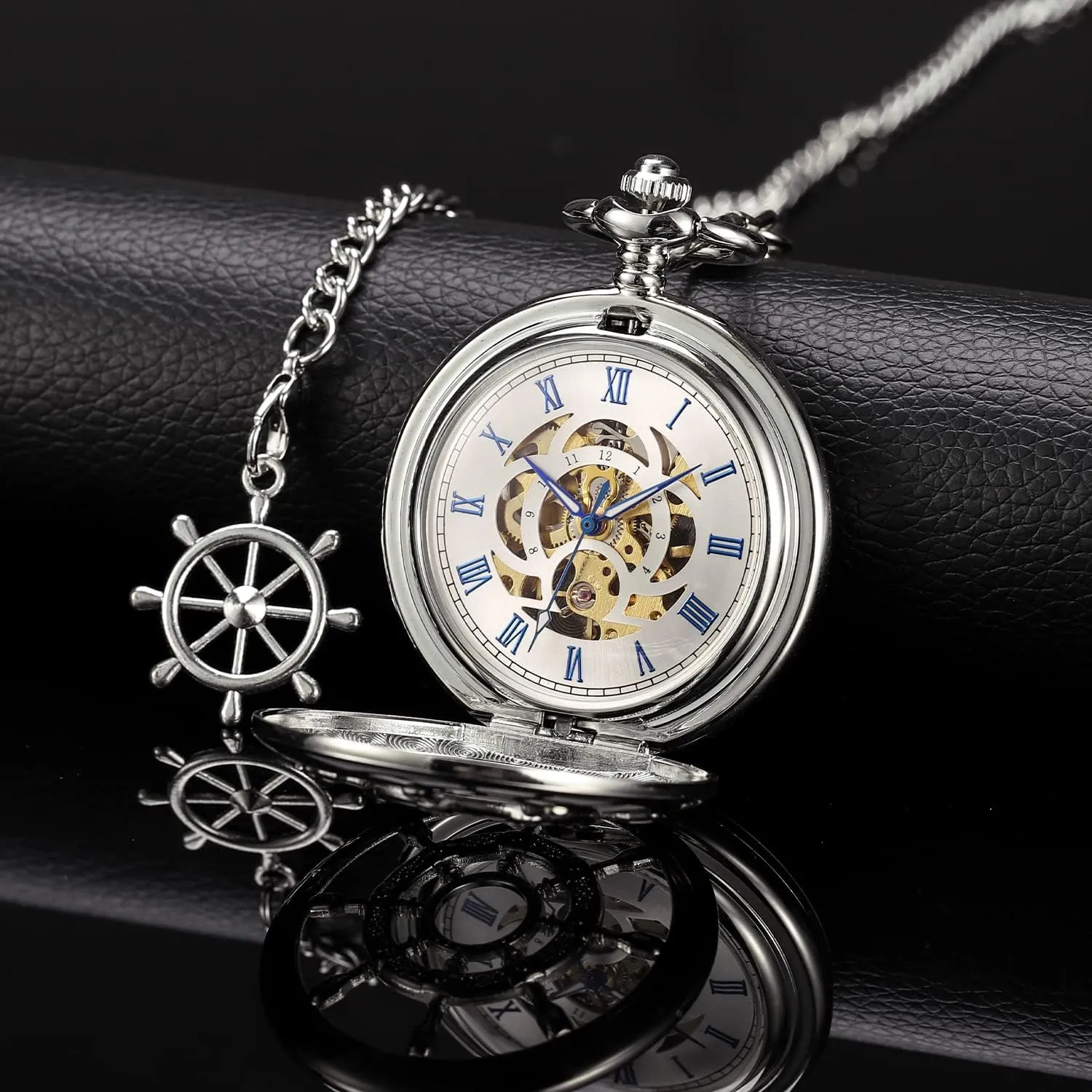 Pocket Watch with Chain Steampunk Skeleton Mens Pocket Watches with Gift Box SIBOSUN captain mannerism let cavalry Mechanical Pocket Watch for Men Antique 
