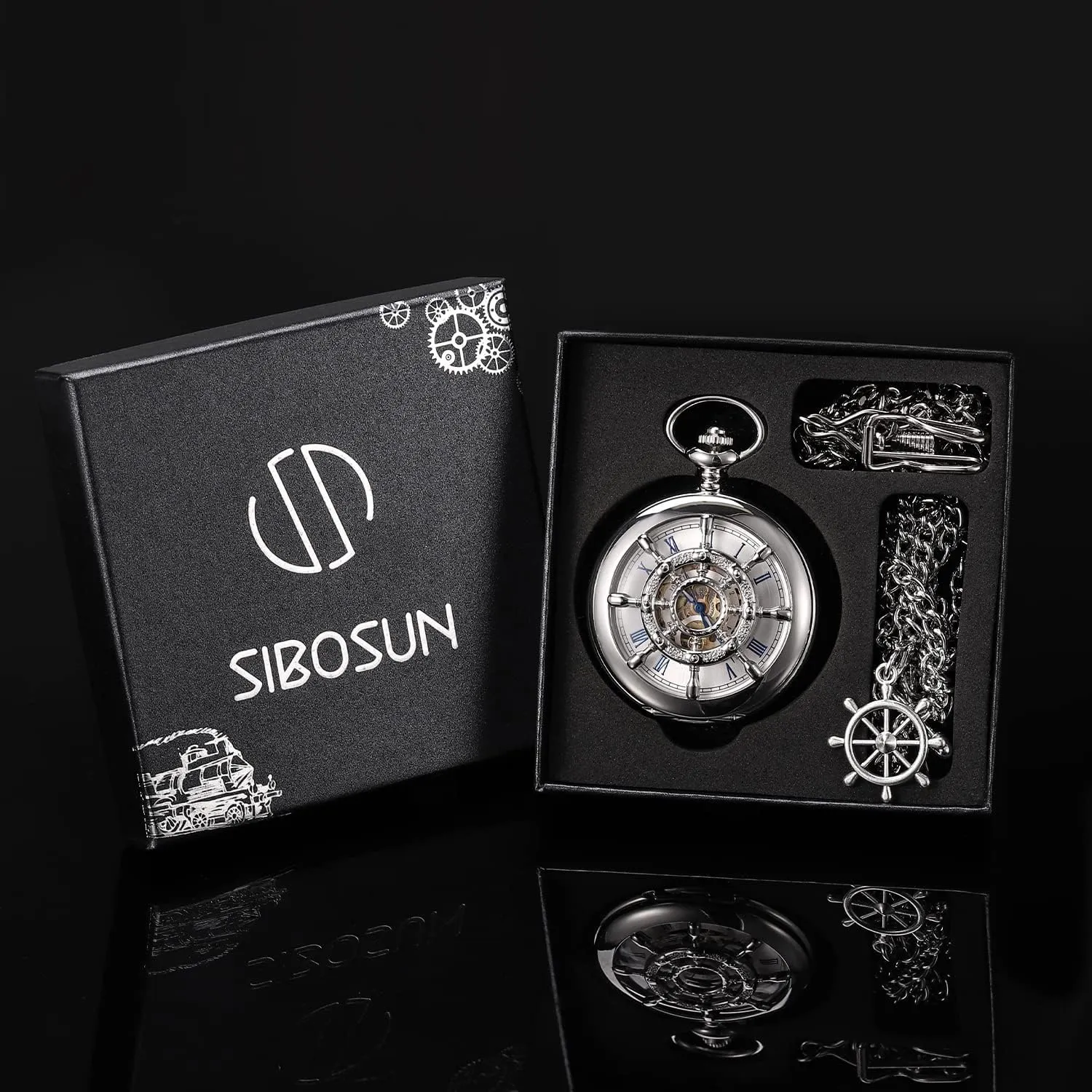 Pocket Watch with Chain Steampunk Skeleton Mens Pocket Watches with Gift Box SIBOSUN captain mannerism let cavalry Mechanical Pocket Watch for Men Antique 
