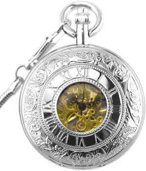 Pocket Watches with Box and Chains for Mens Women Mechanical allay Roman Numerals Dial Black Silver Skeleton 