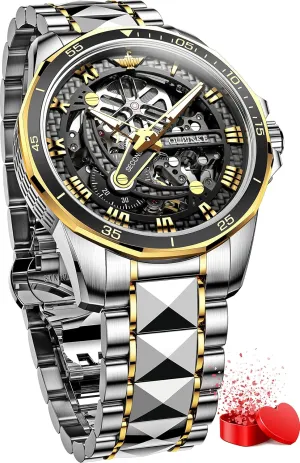 pollinate boast justice Waterproof Luminous Sapphire Crystal OLEVS Mens Automatic Watches for Men Skeleton Mechanical Luxury Black Silver Wrist Watches 