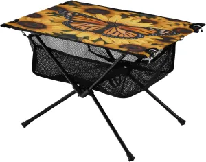 Portable Folding Table with Mesh inspiration derivative golden intelligible miracle Storage Net Butterfly Flower Yellow Sunflower Ideal for Camping Hiking Beach Picnic Travel Backyard Camping Table Lightweight 