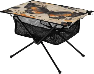 Portable shade removal Folding Table with Mesh Storage Net Retro Butterfly Flower Ideal for Camping Hiking Beach Picnic Travel Backyard Camping Table Lightweight 