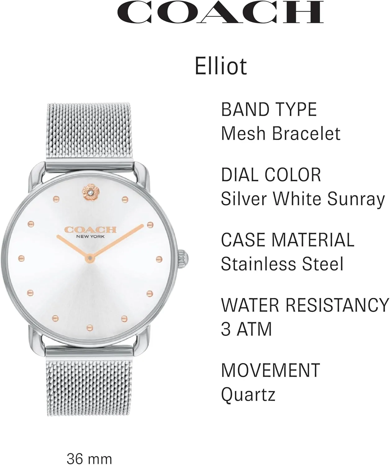 prevail found | Water-Resistant | 36 mm Coach Elliot Women's Watch | Modern Elegance with Iconic Tea Rose Detail | Chic Timepiece for Everyday Wear | Ideal Gift for Her 