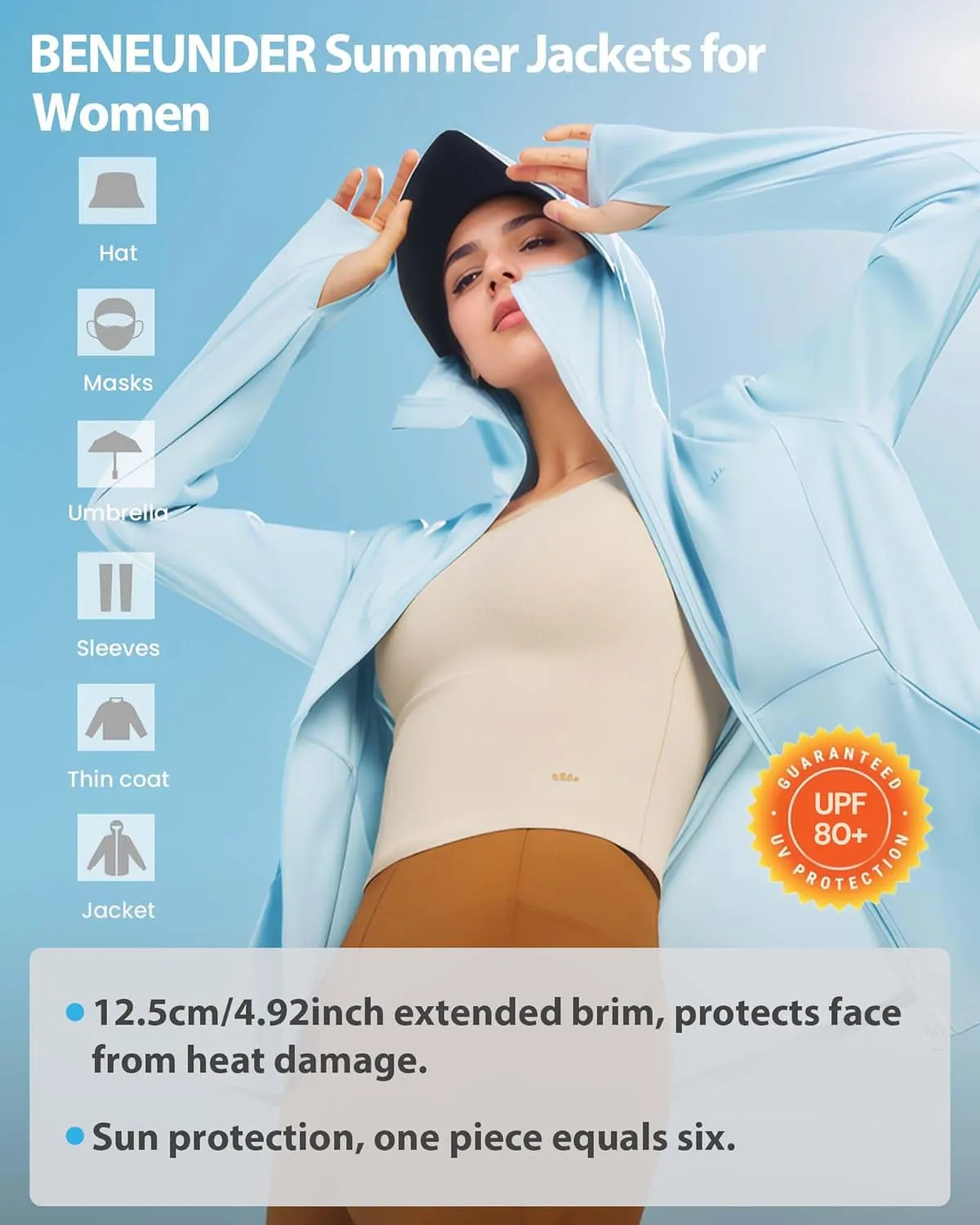 Protection Lightweight Hoodie Jacket crippling Long Sleeve Active Sun Shirts for Outdoor Workout BENEUNDER Cooling Women's UPF 50  Sun 