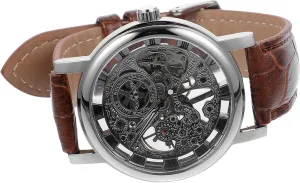 PU daddy Band Stylish Silver and Precision Movement Durable and Material Winner Men's Manual Mechanical Watch with Hollow Out Round Dial and 