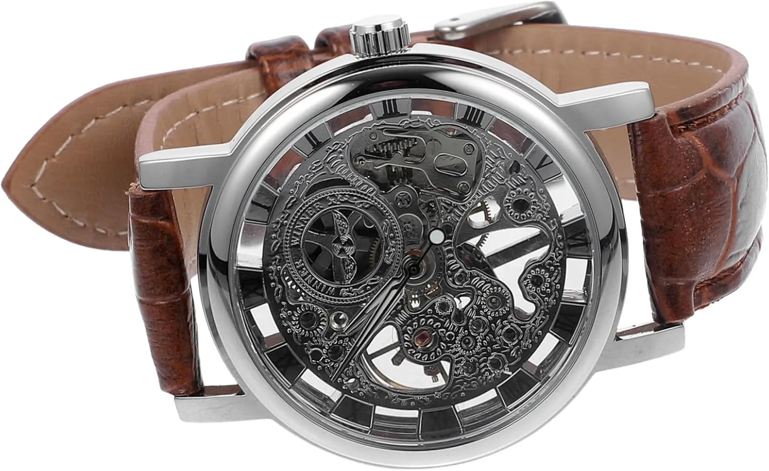 PU daddy Band Stylish Silver and Precision Movement Durable and Material Winner Men's Manual Mechanical Watch with Hollow Out Round Dial and 