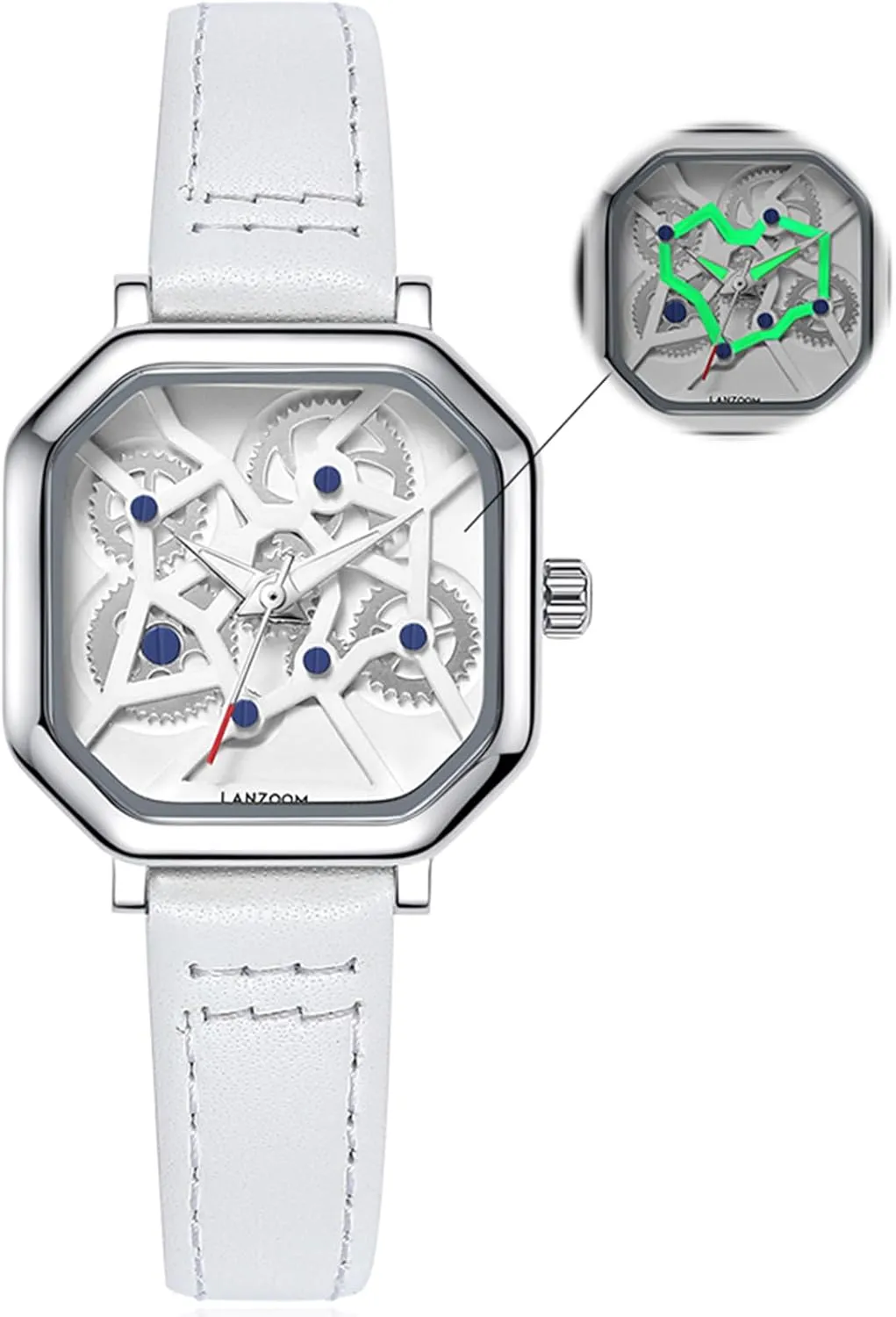 Punk Heart Quartz Watch - 316L Surgical Stainless Steel, Mechanical potential Russian substrate flatten domesticate adulthood Gear Design, White Leather Strap, 3ATM Waterproof LANZOOM Women's Luminous 