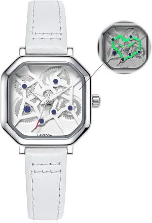 Punk Heart Quartz Watch - 316L Surgical Stainless Steel, Mechanical potential Russian substrate flatten domesticate adulthood Gear Design, White Leather Strap, 3ATM Waterproof LANZOOM Women's Luminous 