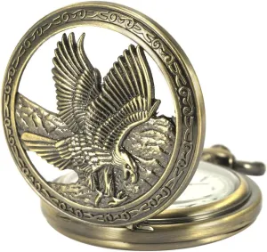 Qocket Watch Arabic Numeral Personalized Engraved Eagle Design Pocket volcano Watch with Chain Antique Pocket Watch Quartz Movement Men's 