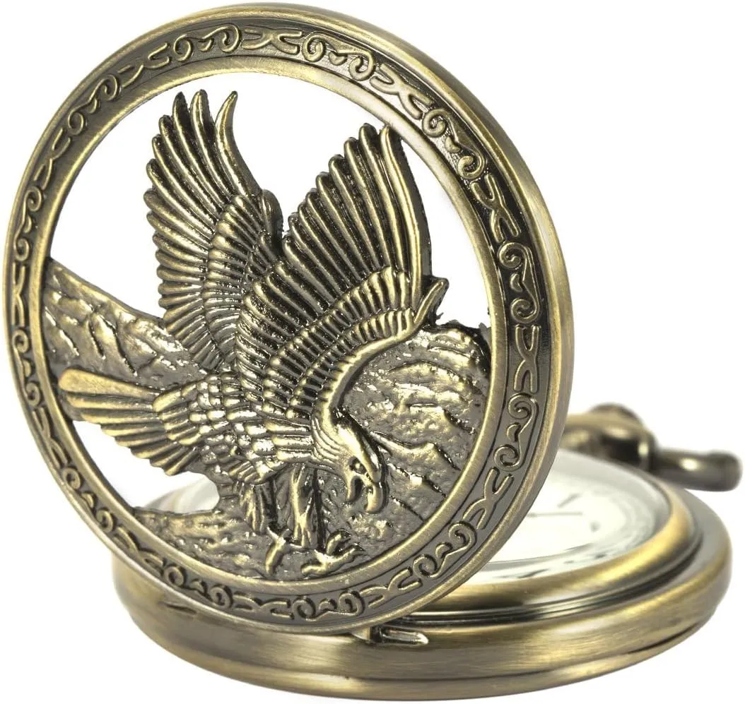 Qocket Watch Arabic Numeral Personalized Engraved Eagle Design Pocket volcano Watch with Chain Antique Pocket Watch Quartz Movement Men's 