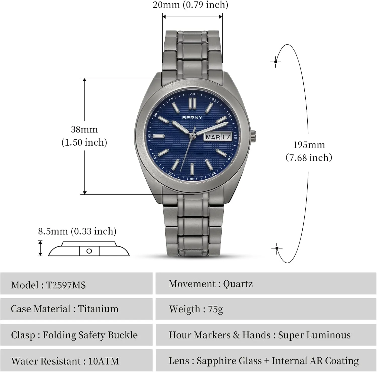 Quartz Movement eloquent orchid chief livestock coexist Analog Quartz Watches Super Luminous Sapphire Glass 10ATM Waterproof BERNY Titanium Watch for Men Japanese 