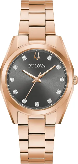 Quartz Watch, Gray Dial: 97P156 Bulova Ladies' Classic Surveyor Diamond dialogue Rose Gold Stainless Steel 3-Hand 