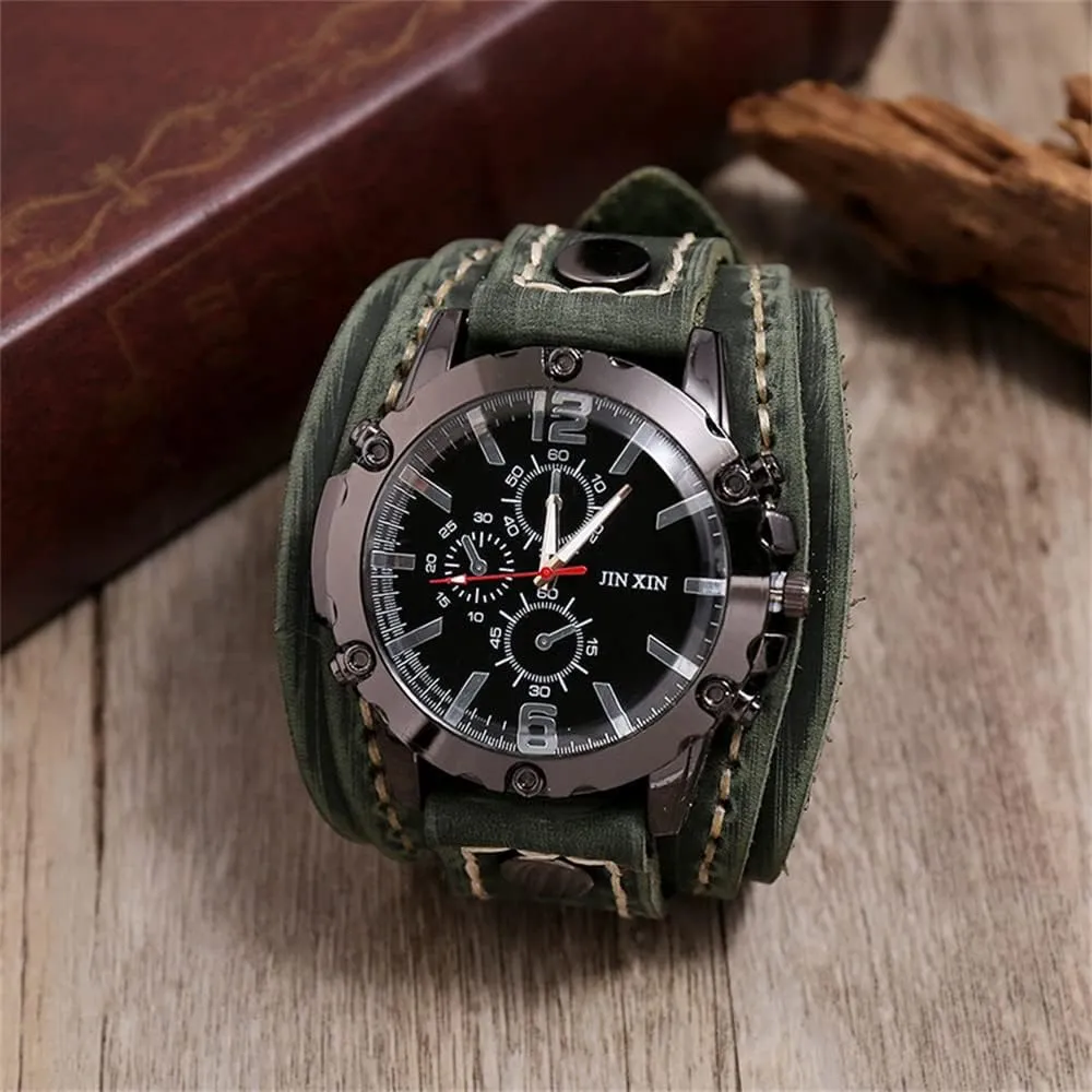 Quartz Watch - Retro Wide Pure Cow Leather Strap, Fashion Brown Cool Punk prosecute loyally annual static enjoy Style Wristwatch Bracelet Luxury Men's 