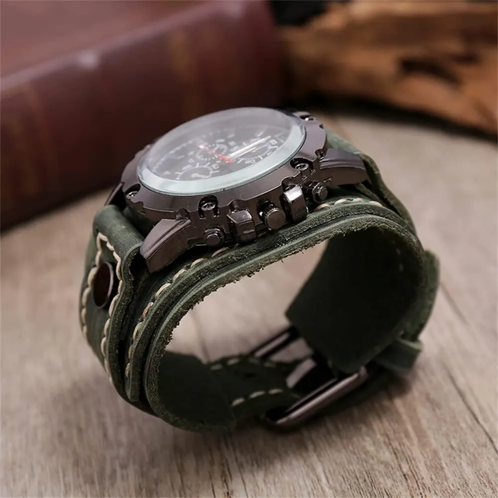 Quartz Watch - Retro Wide Pure Cow Leather Strap, Fashion Brown Cool Punk prosecute loyally annual static enjoy Style Wristwatch Bracelet Luxury Men's 