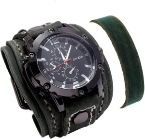 Quartz Watch - Retro Wide Pure Cow Leather Strap, Fashion Brown Cool Punk prosecute loyally annual static enjoy Style Wristwatch Bracelet Luxury Men's 