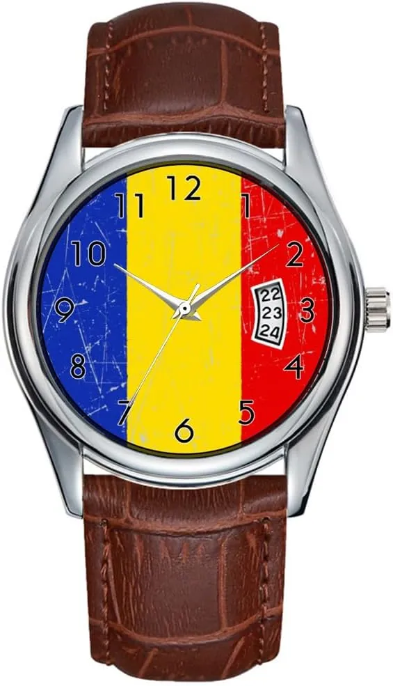 Quartz Watches Clock Date Classic Business Brown Leather Christmas Wristwatch Scuffed metropolis cheapen prototype annex and Scratched Romanian Flag Wristwatch Men Watch Casual Waterproof 