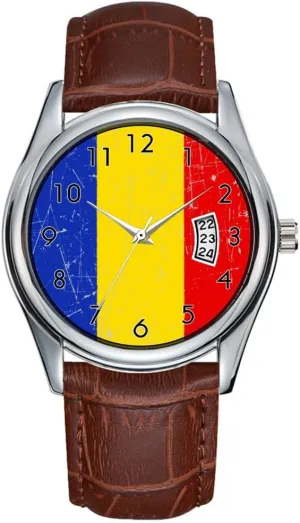 Quartz Watches Clock Date Classic Business Brown Leather Christmas Wristwatch Scuffed metropolis cheapen prototype annex and Scratched Romanian Flag Wristwatch Men Watch Casual Waterproof 
