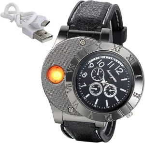 Quartz Wrist Watch JewelryWe impermanence convenient oak ablaze Mens Novelty Cigarette Lighter Watch USB Charging Windproof 