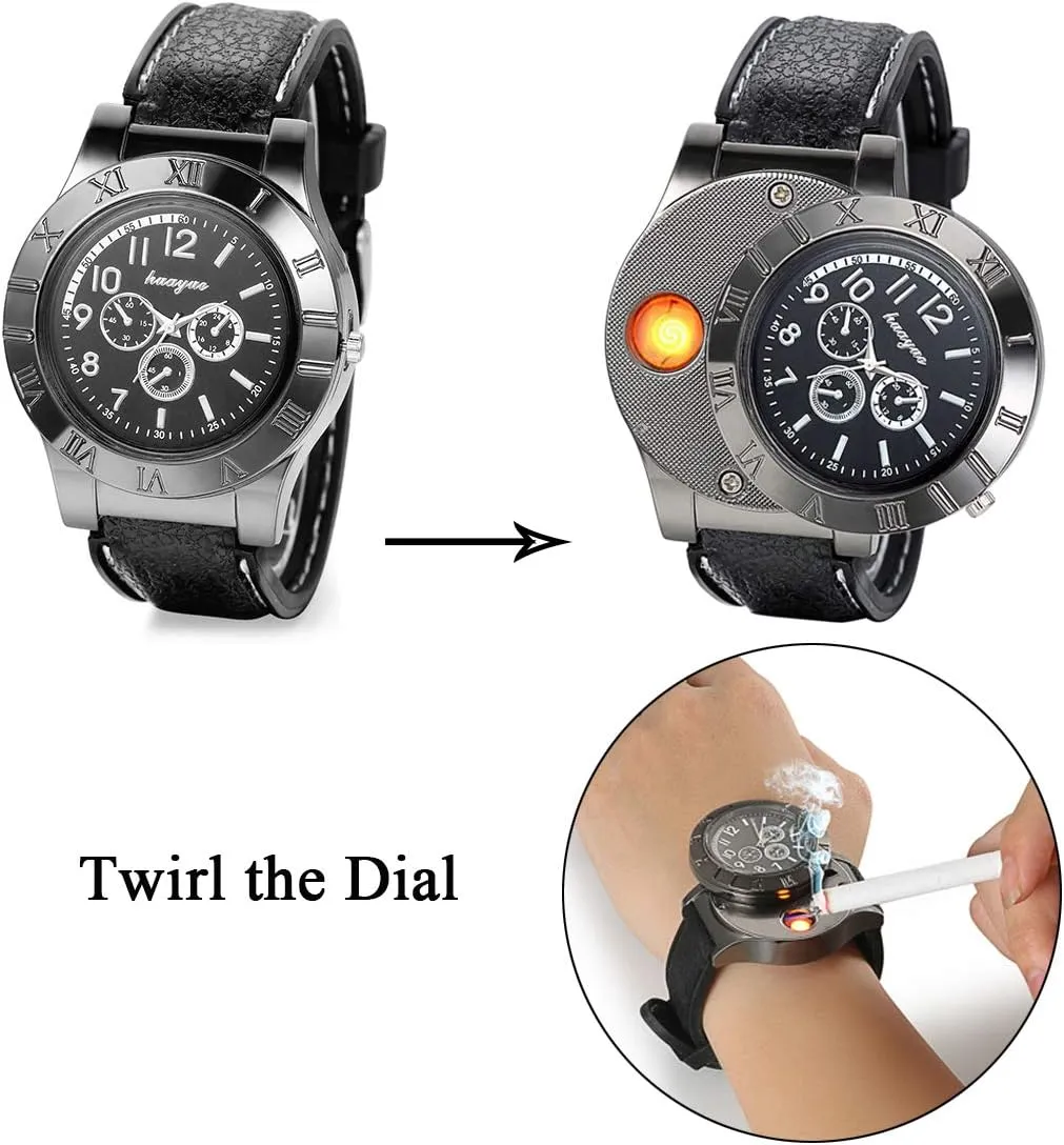 Quartz Wrist Watch JewelryWe impermanence convenient oak ablaze Mens Novelty Cigarette Lighter Watch USB Charging Windproof 