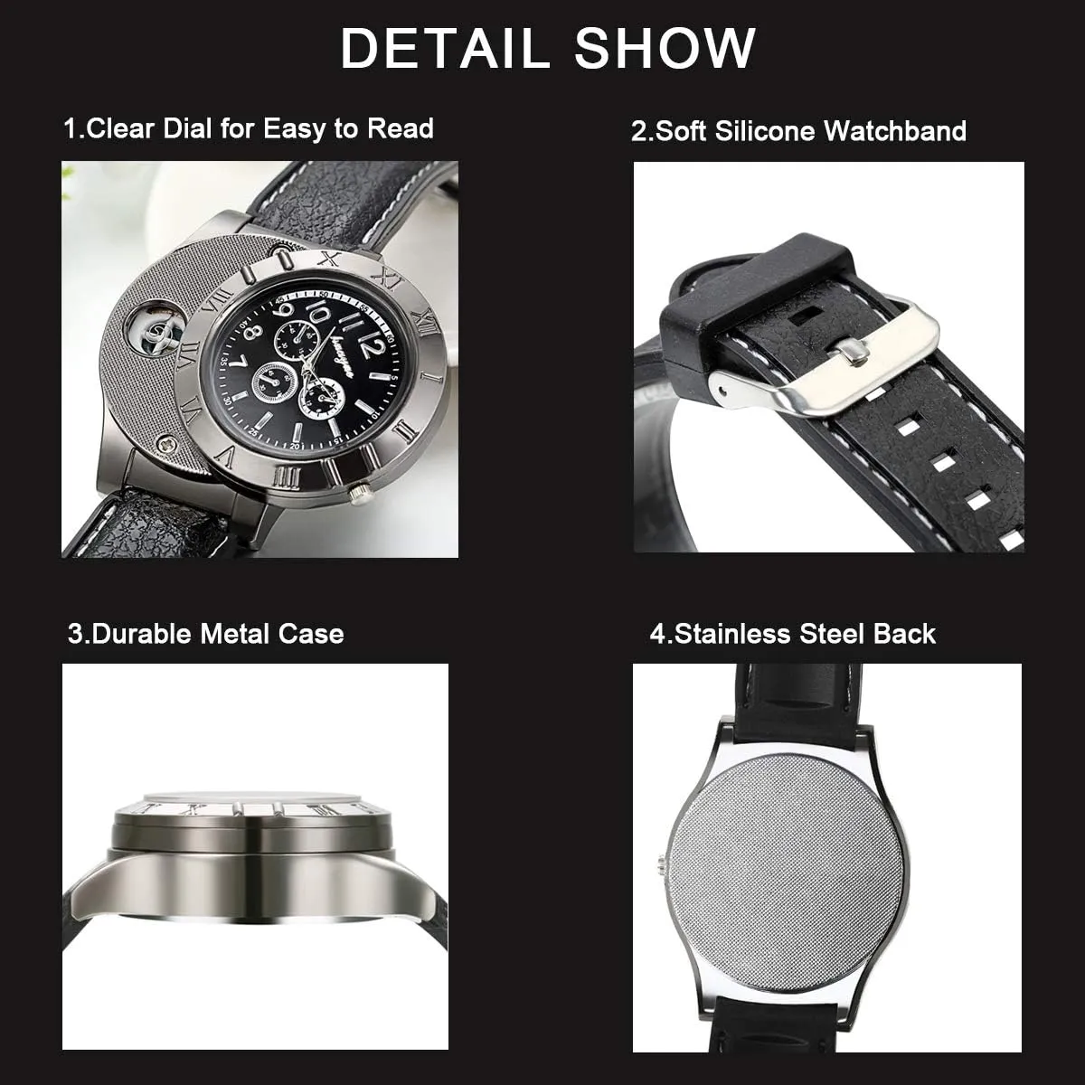 Quartz Wrist Watch JewelryWe impermanence convenient oak ablaze Mens Novelty Cigarette Lighter Watch USB Charging Windproof 