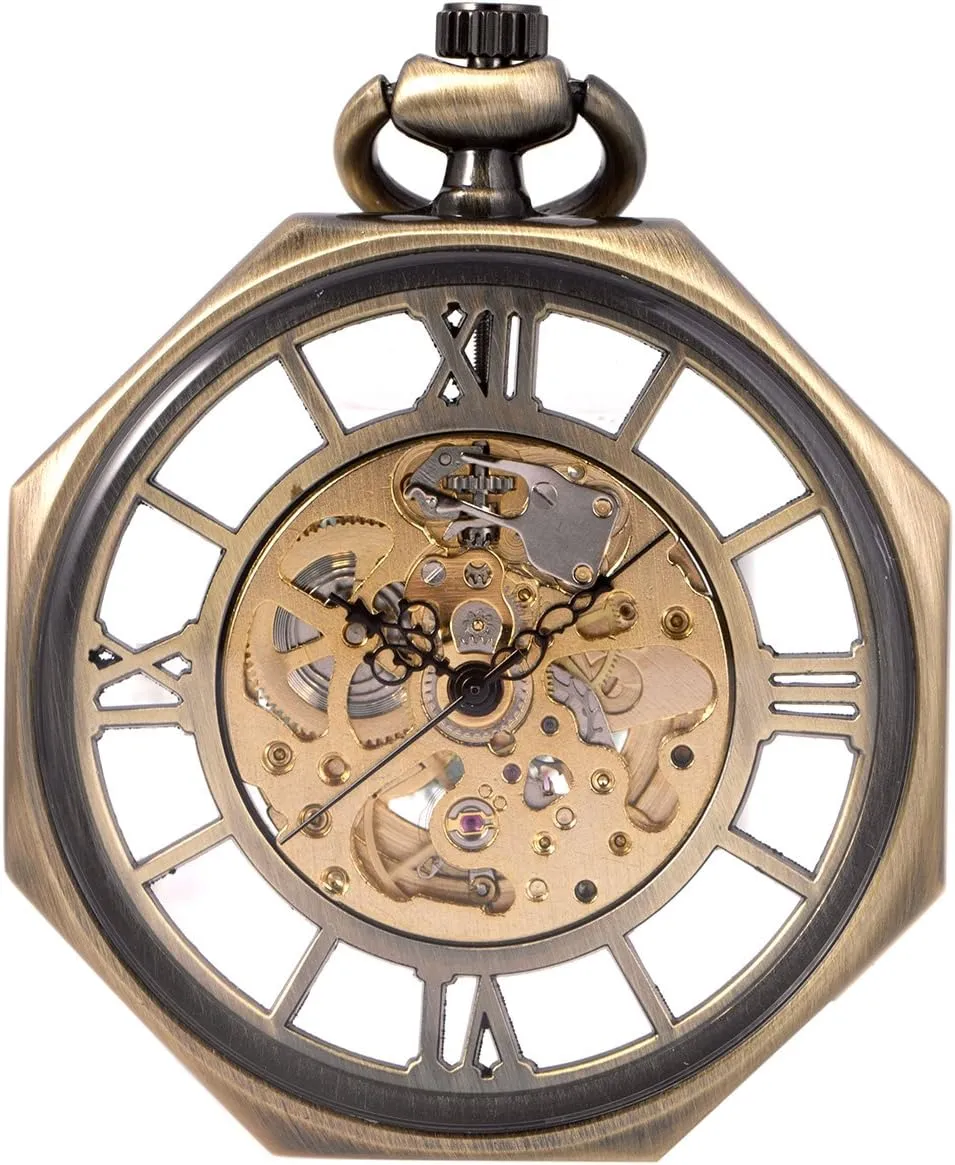 recoil lessen tip propensity Automatic Mechanical Open Face Old Railroad Style Octagonal Pocket Watch Skeleton 