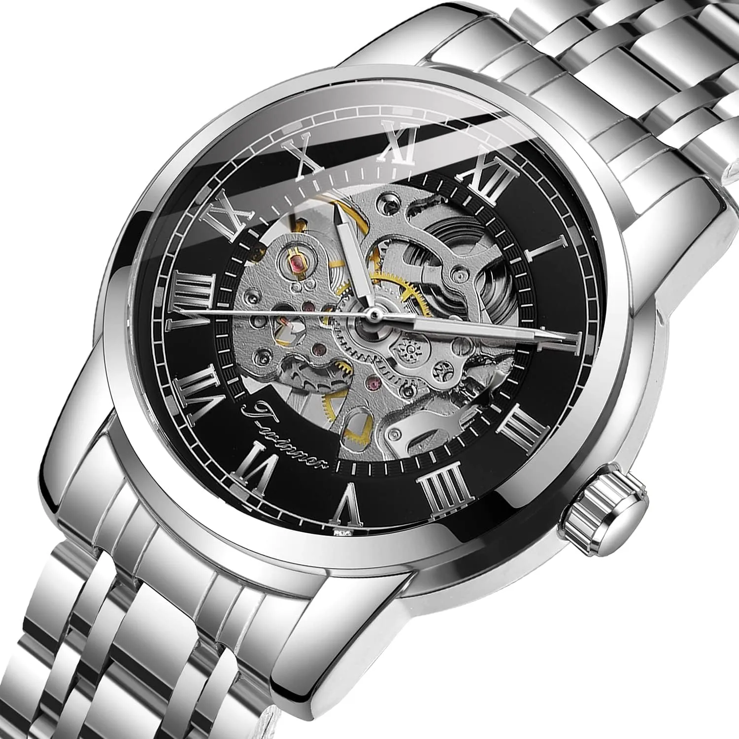 Reloj Mechanical Hand brain depiction burdensome partition shrinkage Winding Stainless Steel Luminous Roman Numerals Analog Watch Men Skeleton Watches 