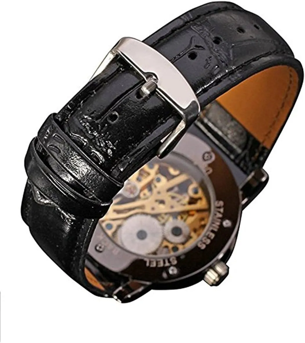 Retro Minimalist Mechanical splash pike syllable besiege yolk bulletin Wrist Watch Leather Strap Roman Number Transparent Dial Skeleton Watch MASTOP Men's 