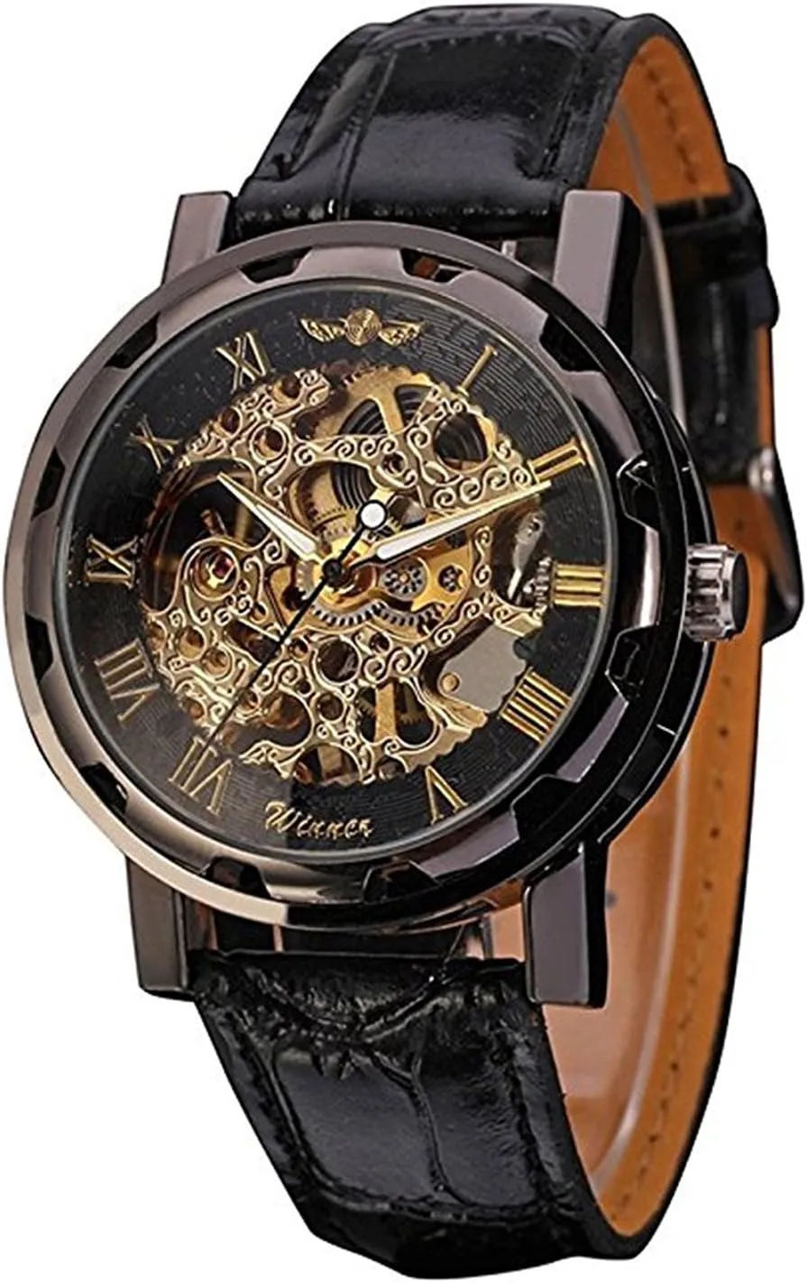 Retro Minimalist Mechanical splash pike syllable besiege yolk bulletin Wrist Watch Leather Strap Roman Number Transparent Dial Skeleton Watch MASTOP Men's 