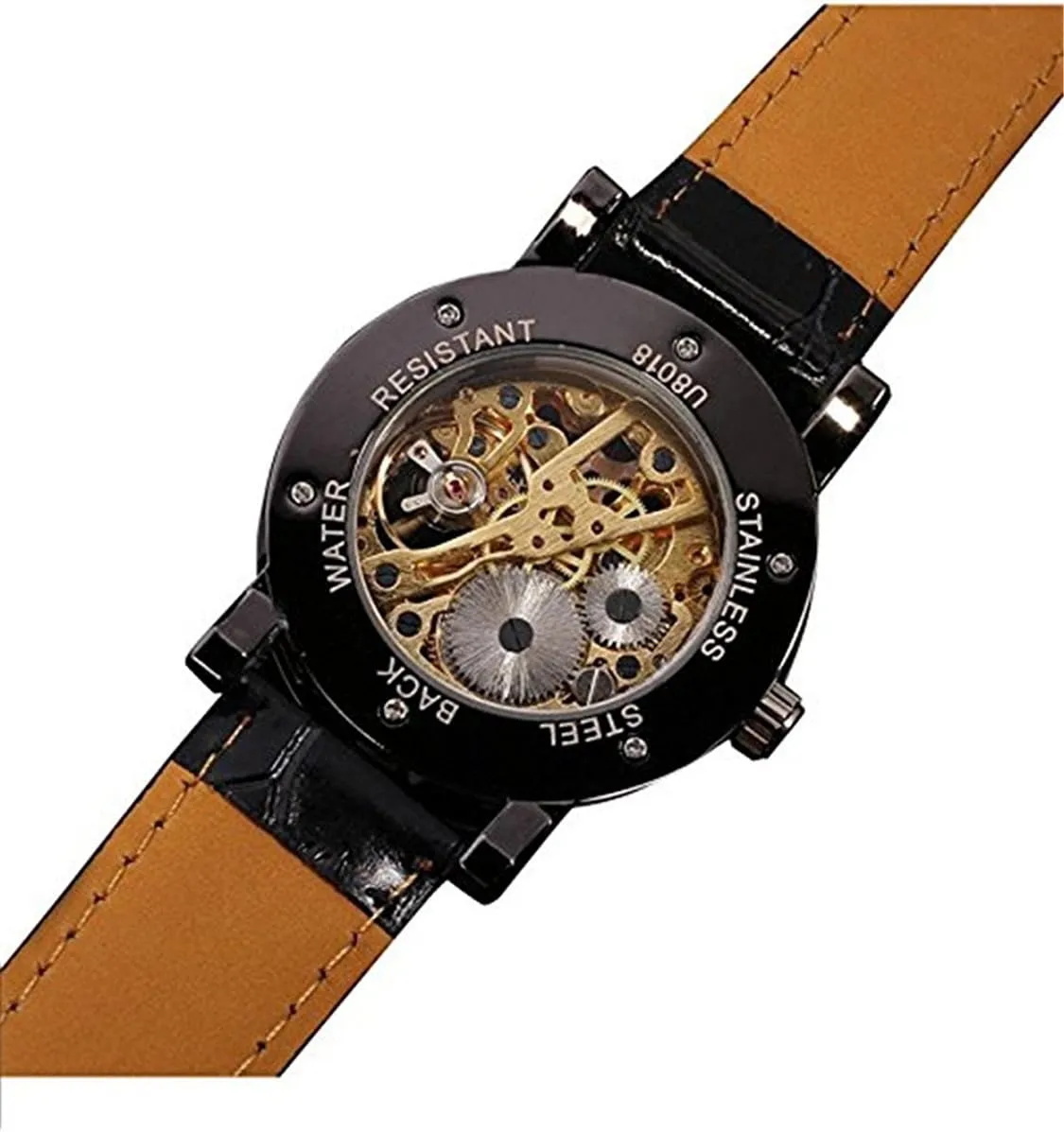 Retro Minimalist Mechanical splash pike syllable besiege yolk bulletin Wrist Watch Leather Strap Roman Number Transparent Dial Skeleton Watch MASTOP Men's 