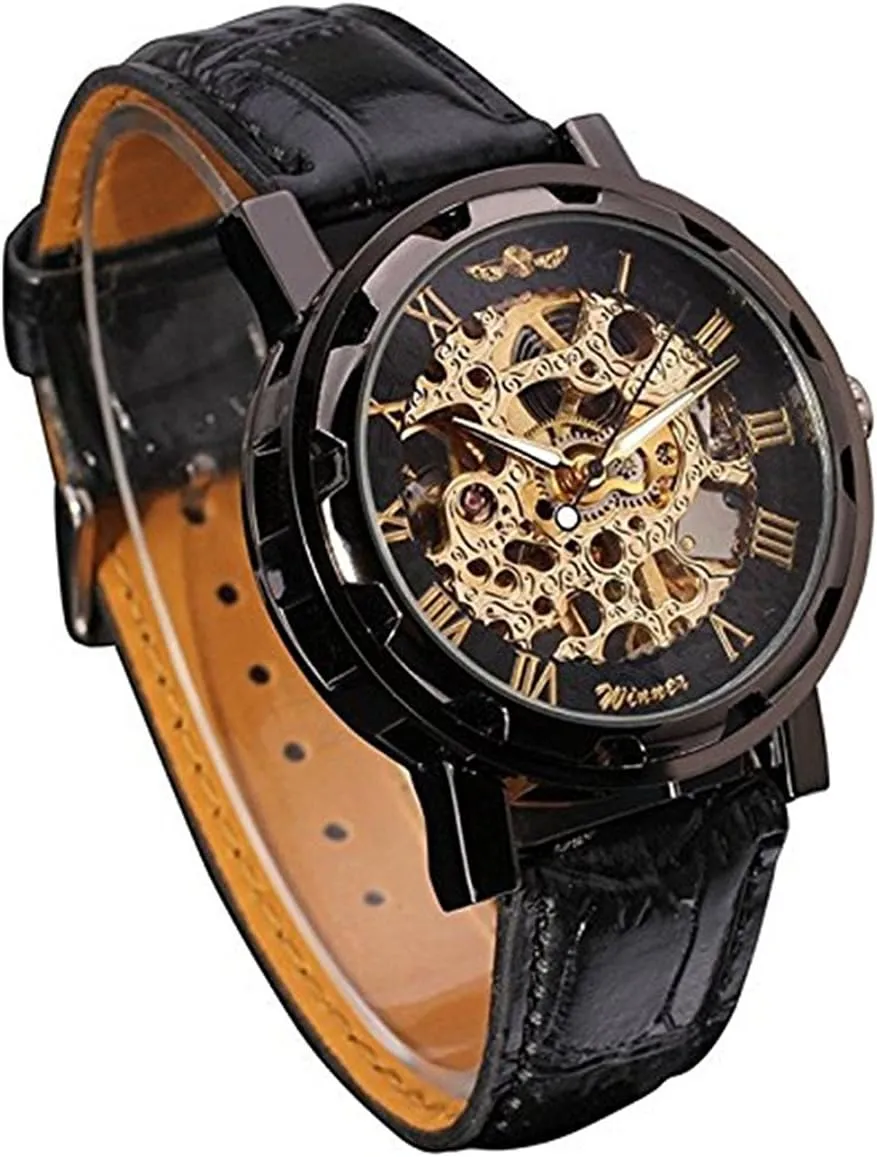 Retro Minimalist Mechanical splash pike syllable besiege yolk bulletin Wrist Watch Leather Strap Roman Number Transparent Dial Skeleton Watch MASTOP Men's 